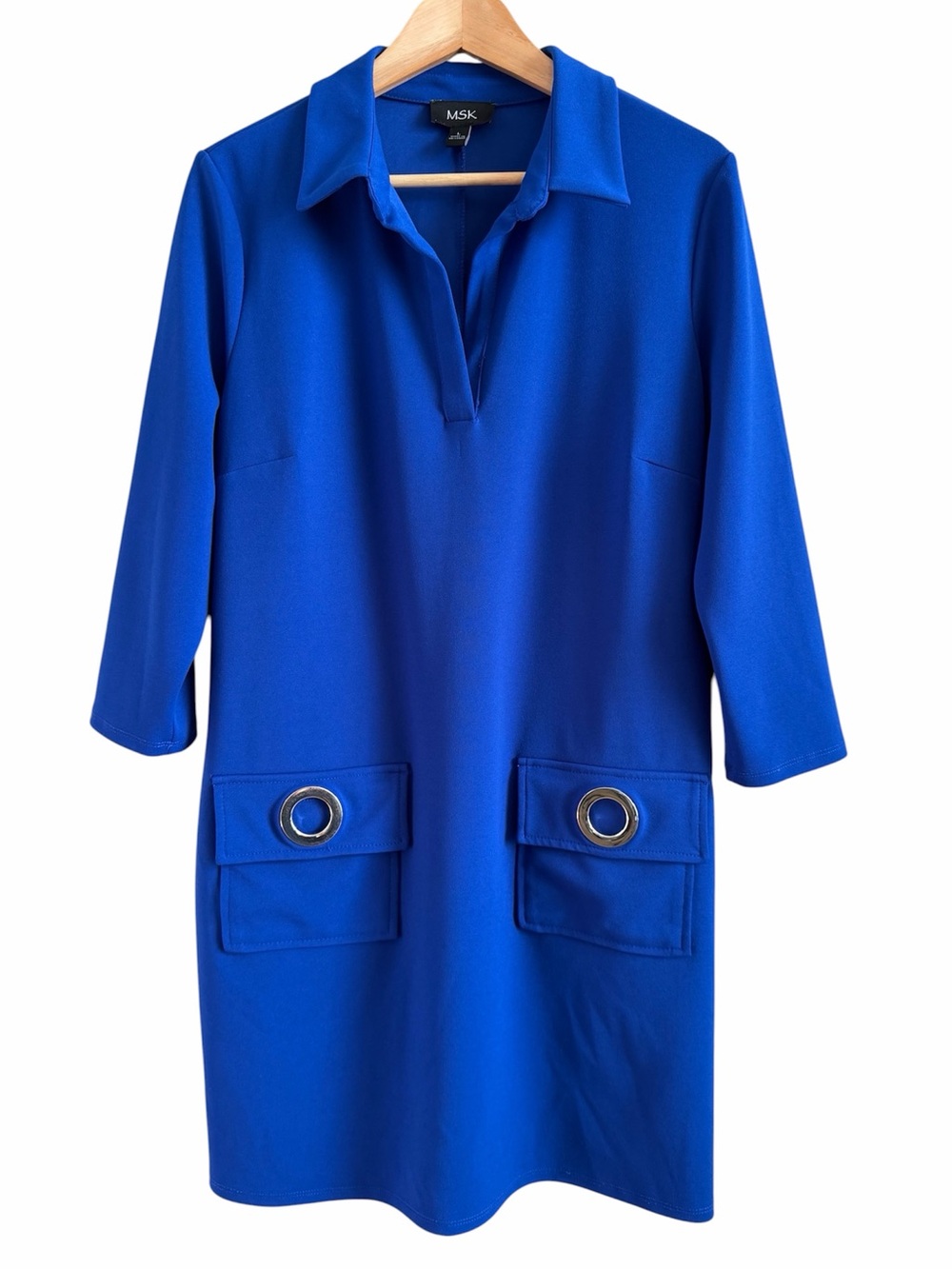 MSK Dress Sz L Cobalt Blue Collared V Neck 3/4 Slv Grommet Detail Pockets Shift